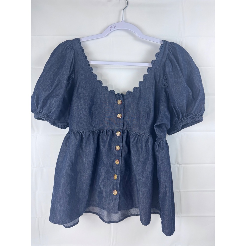 Kika Vargas x Target Blue Denim Scalloped Puff Sleeve Babydoll Top Small